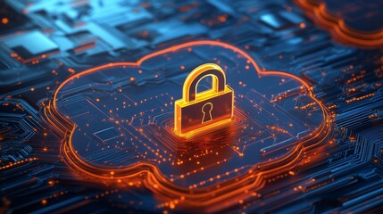 A secure cloud concept featuring a padlock on a circuit board, symbolizing data protection, cybersecurity, network security, cloud storage, and digital privacy.