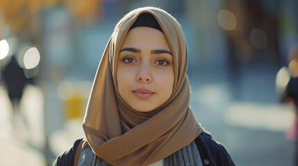 Young Arab woman in a hijab, standing confidently in a city square, with a bright and determined expression.
