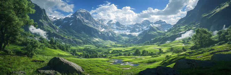 Obraz premium A serene landscape showcasing a vibrant green valley nestled amidst towering snow-capped mountains. The valley is filled with lush vegetation and a winding stream