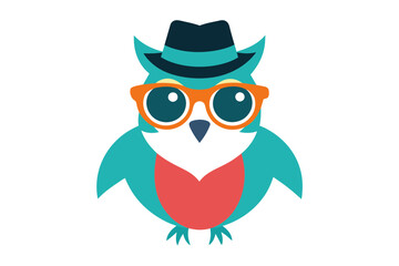 A cool vintage style owl with sun glasses and hat on the white background, vector art illustration 