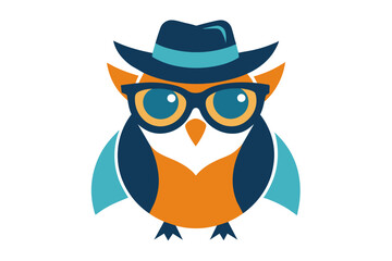 A cool vintage style owl with sun glasses and hat on the white background, vector art illustration 