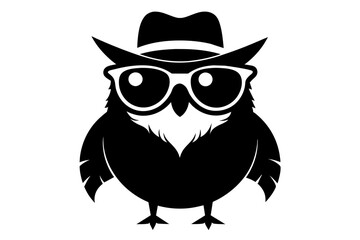 A cool vintage style owl with sun glasses and hat, silhouette black color on the white background, vector art illustration