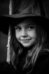 Obraz premium A portrait of a young girl in a witch costume, holding a stick, in black and white.
