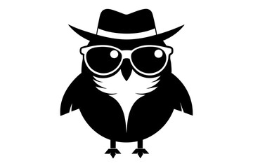 A cool vintage style owl with sun glasses and hat, silhouette black color on the white background, vector art illustration