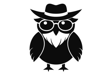 A cool vintage style owl with sun glasses and hat, silhouette black color on the white background, vector art illustration