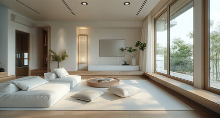 Fototapeta premium Living room with minimalist design, focusing on natural materials and serene aesthetic. Generative AI.