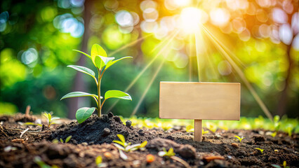 A young plant emerges from rich soil, marked by a wooden sign. Sunlight filters through the foliage, illuminating the nurturing garden atmosphere