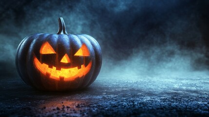 Naklejka premium A single jack-o'-lantern, carved with a menacing grin, glows eerily in the midst of a dark and foggy landscape. The contrasting light and dark creates a haunting atmosphere