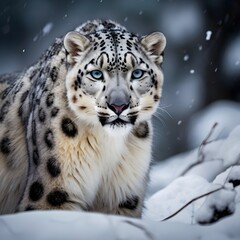 Obraz premium Snow Leopard on Snow-Covered Terrain