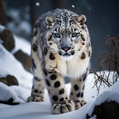 Fototapeta premium Snow Leopard on Snow-Covered Terrain