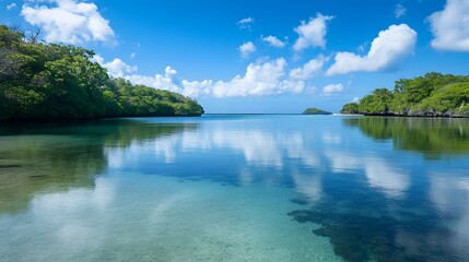 19. A serene coastal lagoon with calm, clear water reflecting the sky and surrounded by tropical vegetation