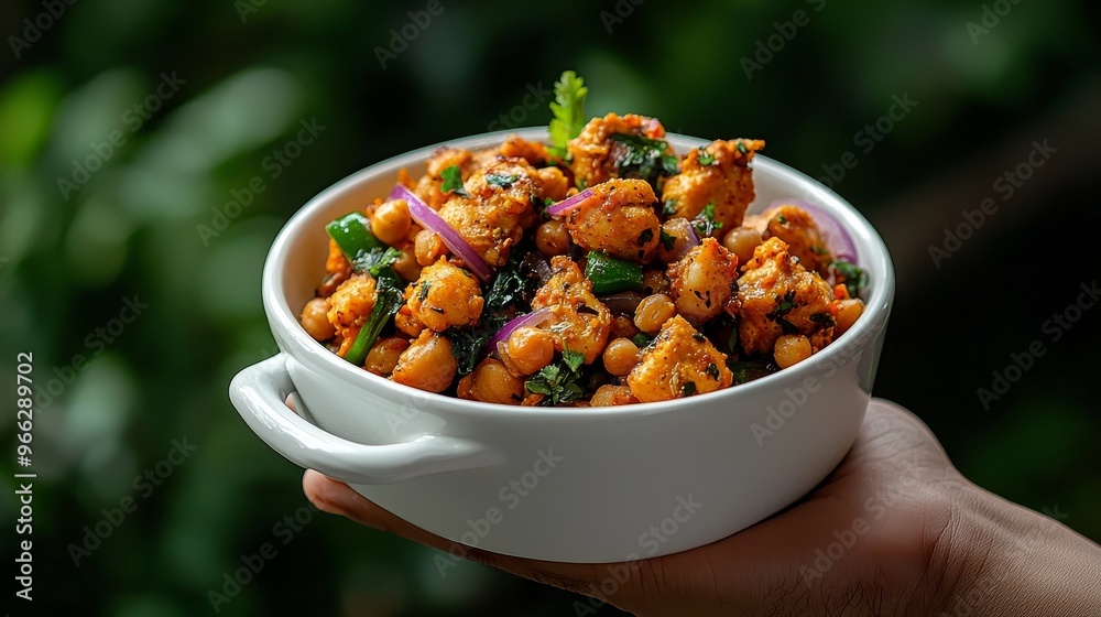 Wall mural a closeup shot of a white bowl filled with spicy chickpeas red onions and herbs held by a hand again