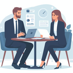 Partners meeting for business discussion with documents and laptop on desk. Couple at round table, speaking, discussing work, partnership. Flat vector illustration isolated on white background