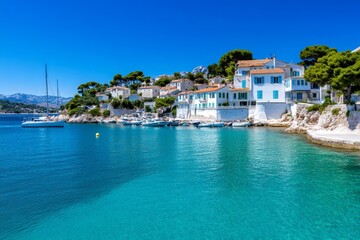 Obraz premium A day trip cruise from Cassis to nearby Marseille, with passengers enjoying the scenic journey along the Mediterranean