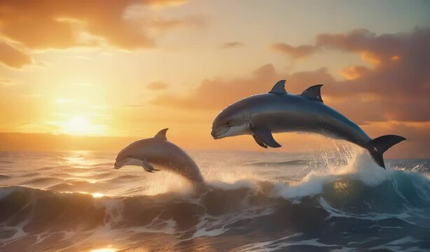 Dolphins Leaping at Sunset