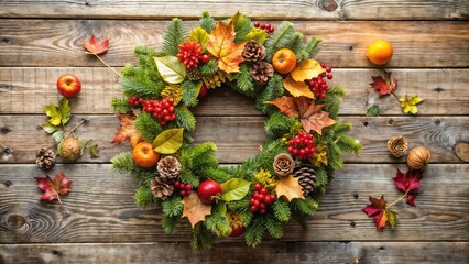 Colorful autumn wreath with leaves, pine cones, and decorative fruits on wooden table