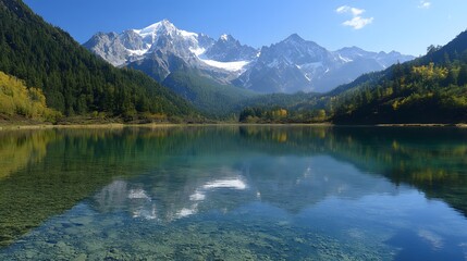 Fototapeta premium 1. A serene mountain lake with crystal-clear water reflecting the surrounding snow-capped peaks