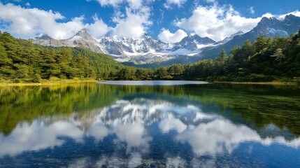 Fototapeta premium 1. A serene mountain lake with crystal-clear water reflecting the surrounding snow-capped peaks