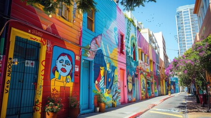 Vibrant street murals adorn colorful buildings in a lively urban alley, capturing the essence of city art and creativity on a sunny day.