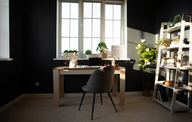Minimalist home office setup with desk, comfortable chair, and natural light streaming through the window. Shelves with plants and books create serene, organized workspace, perfect for productivity