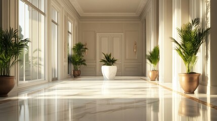 Fototapeta premium A spacious hallway with high ceilings and large windows, showcasing a white marble plinth in the center