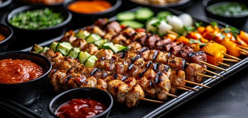 Sizzling Skewers A CloseUp Perspective of Grilled Chicken Vegetables and Dipping Sauces on a Black Tray