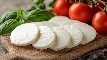 Closeup of Sliced Mozzarella on Wooden Cutting Board with Basil and Tomatoes in the Background