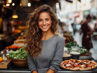 Fototapeta premium Smiling Woman with Long Curly Hair in a Market with Fresh Produce and a Pizza in the Foreground