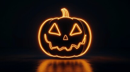 A glowing neon sign in the shape and design of an evil jack-o'-lantern on a black background