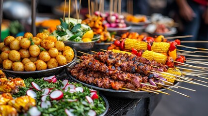 Obraz premium Street Food Feast A CloseUp of Grilled Skewers Fried Bites and Fresh Salad with a Blurred Background of a Busy Market
