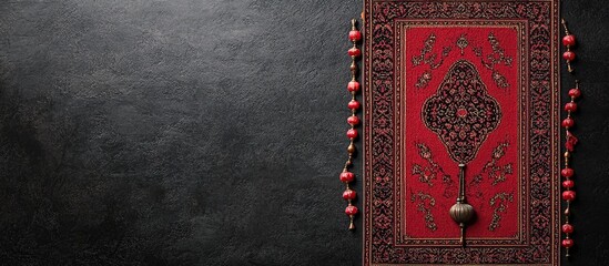 Red Rug and Beads on a Dark Background