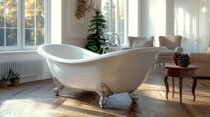 Sunlit Classic A Porcelain Tubs Elegance on Chevron Wood Floors
