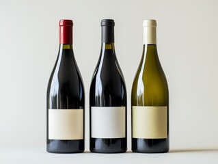 Three Wine Bottles with Blank Labels Centered Composition White Background Concept Choice and Variety