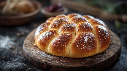 Homemade bread on a wooden surface.