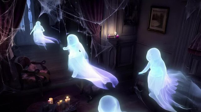 Glowing translucent Halloween phantom ghosts floating through eerie haunted house or mansion, All Hallows Eve