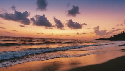 Orange Sunset over the Ocean with Waves Crashing on the Beach