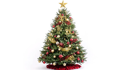 Fototapeta premium Full Classic Christmas Tree Decorated with Pinecones and Gold Ribbon – Snowy Flocked Branches with Warm White Lights – Isolated on White Background – Elegant Holiday Decoration – Merry Christmas