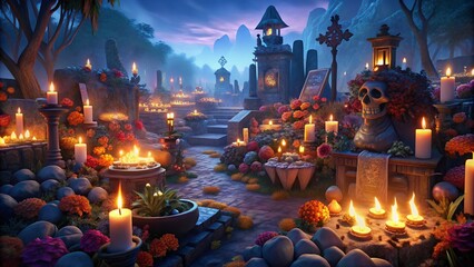 A Serene Night at the Cemetery Illuminated with Candles and Flowers for the Day of the Dead Celebration