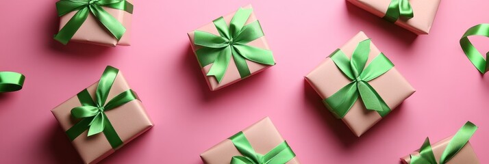 Obraz premium A top view of gift boxes creatively wrapped with green ribbons on a pink background. The boxes symbolize celebration, joy, love, and anticipation.