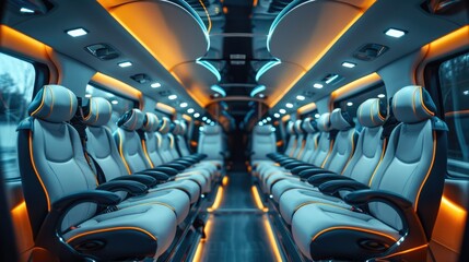 Fototapeta premium Luxury leather seats in a modern bus interior. Generative AI.
