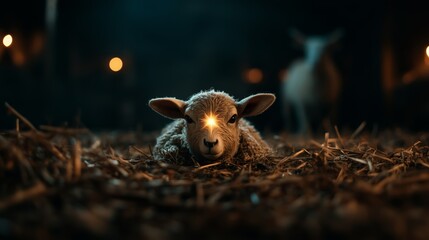 A baby lamb rests on straw, symbolizing peace and innocence in a Christmas nativity