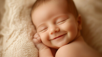 a newborn smiling in their sleep with their tiny face relaxed and content, set against a soft, neutral background