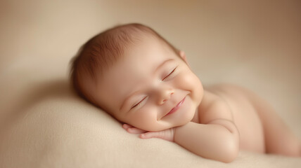 a newborn smiling in their sleep with their tiny face relaxed and content, set against a soft, neutral background