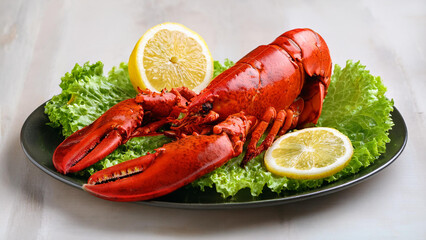 Cooked Whole Lobster Sitting on a Bed of Lettuce on a White Plate with Lemon Slices