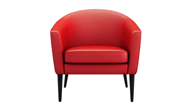 Red leather armchair with a rounded design, offering a classic and comfortable seating option. Perfect for living rooms, offices, or reception areas. Isolated on transparent background, png.