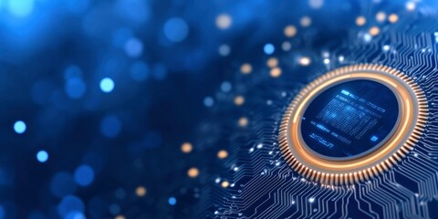 glowing round chip on intricate circuit board on blur background, digital technology concept