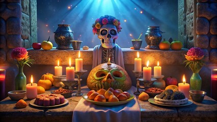 Colorful Day of the Dead Altar Featuring an Abundant Offering of Fresh Fruit for Celebration
