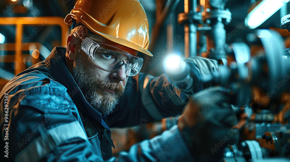 Aufkleber worker inspecting valve with flashlight, a male worker in safety gear, using a flashlight to inspect
