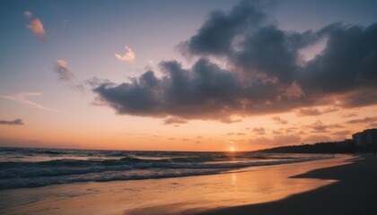 Orange Sunset over the Ocean with Waves Crashing on the Beach