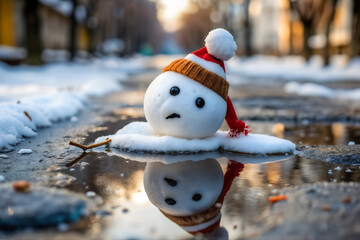 Sad snowman melting in a winter street with reflections in a puddle